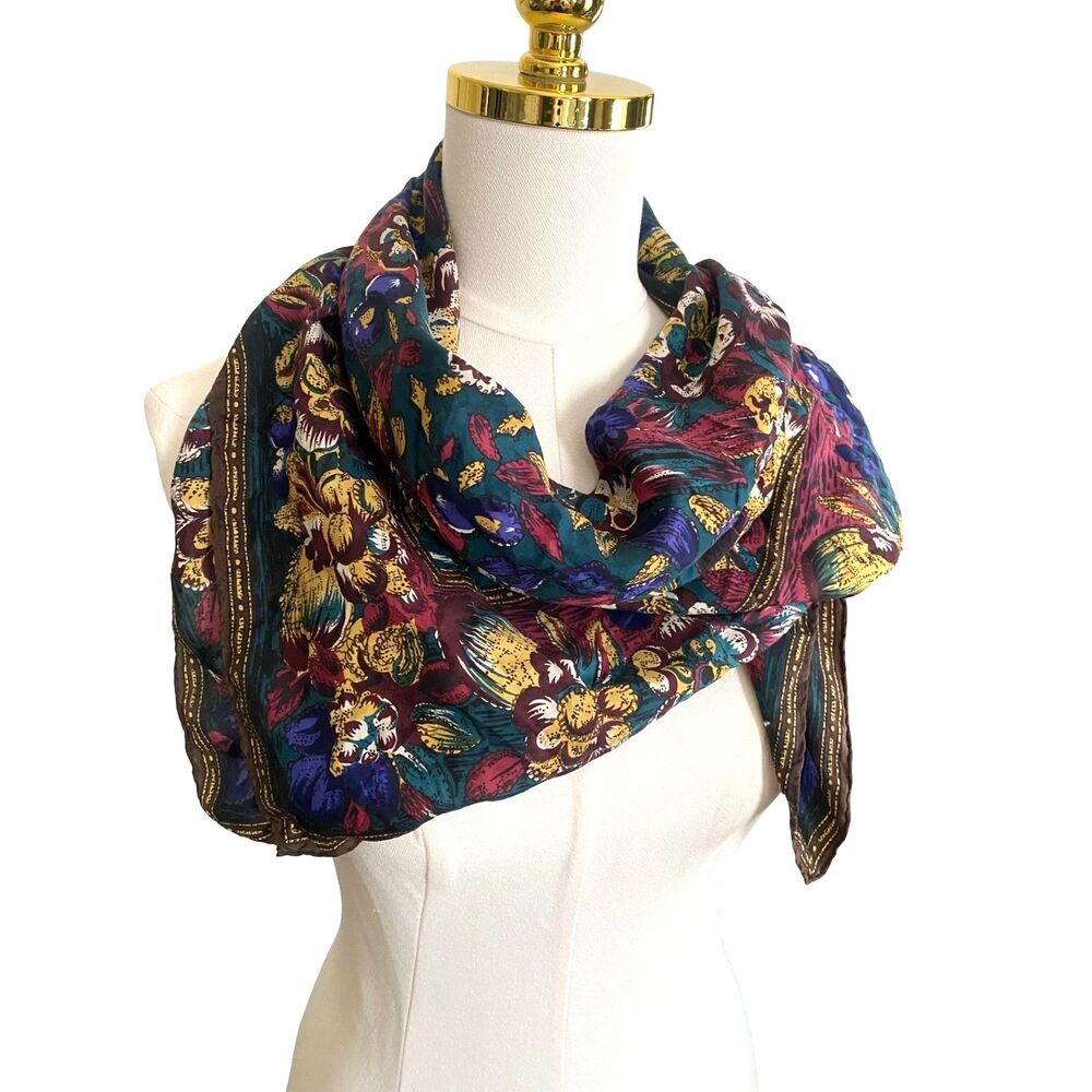 Express Vintage 100% Silk Scarf Floral Multicolor Blue Purple Border 34"x34"